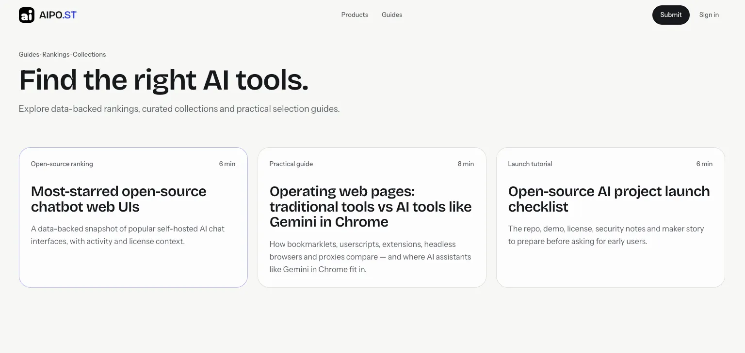 AIPO.ST guides page showing open-source rankings, web tool comparisons and a launch checklist