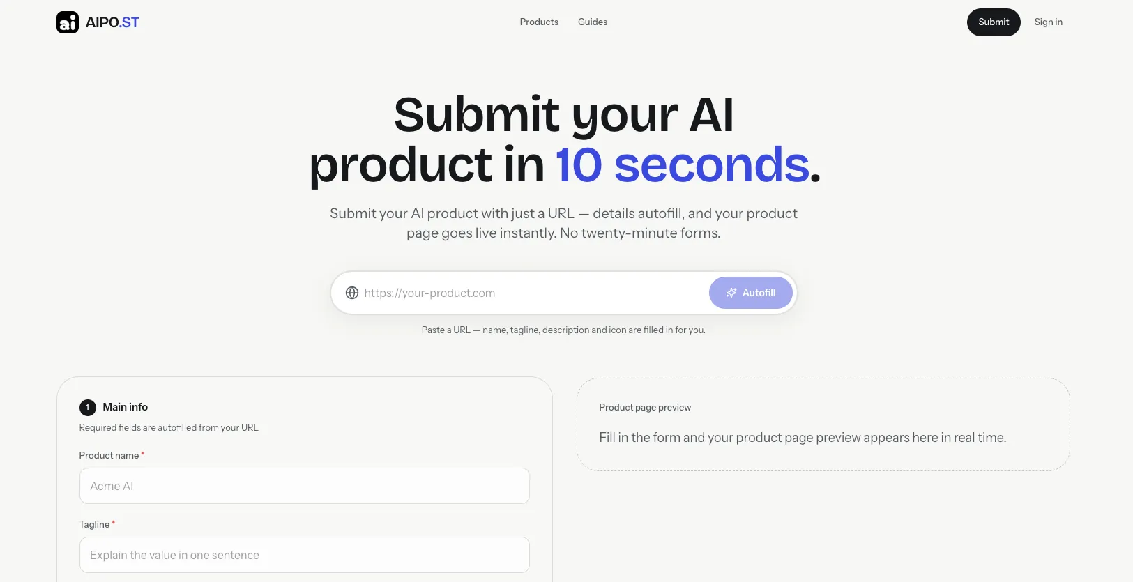 AIPO.ST AI product submission page showing URL autofill and a live product page preview